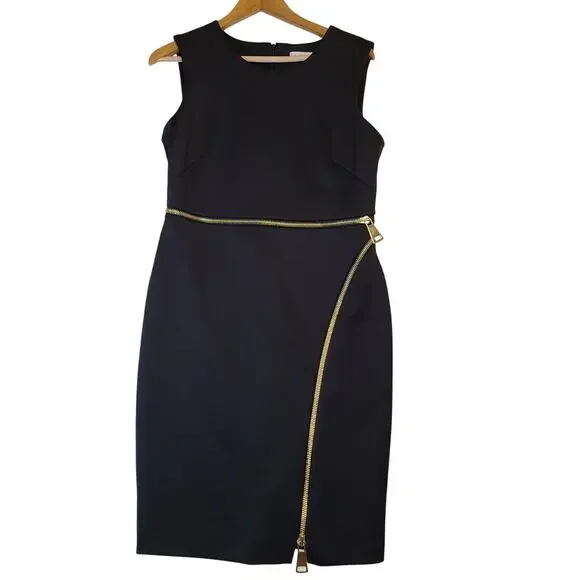 Calvin Klein Gold Zip Detailed Black Midi Cocktail Dress Size 10 - Picture 1 of 10